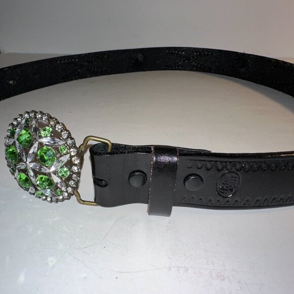 B-Low The Belt Black Leather Rhinestone Embossed Boho Belt Size 34 Floral Buckle - Picture 7 of 8